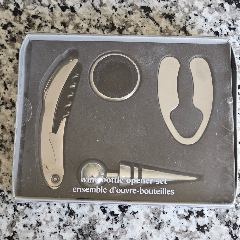 Pier 1 Wine Bottle Opener Set Silver Stainless Steel 4-Piece Bar Kit Barware NEW
